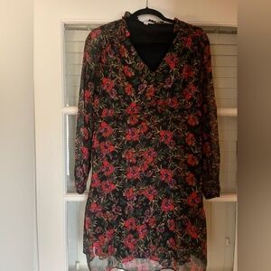 Floral V-Neck Long Sleeve Women's Dress - Black with Red & Pink Floral